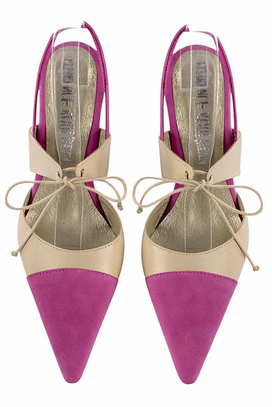 Shocking pink and champagne beige women's open back shoes, with an instep strap. Pointed toe. High slim heel. Top view - Florence KOOIJMAN